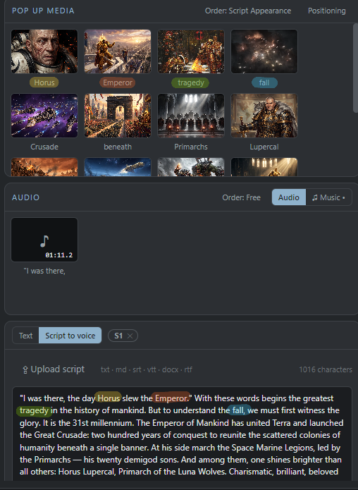 Pop-up media ordered by Script Appearance: each image matched to the word it's named after in the script